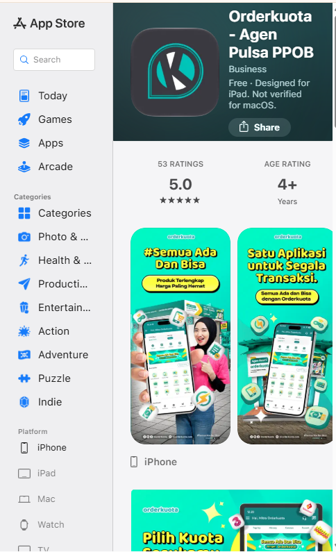 Halaman Orderkuota – Agen Pulsa PPOB di App Store dengan ikon aplikasi dan pratinjau fitur.