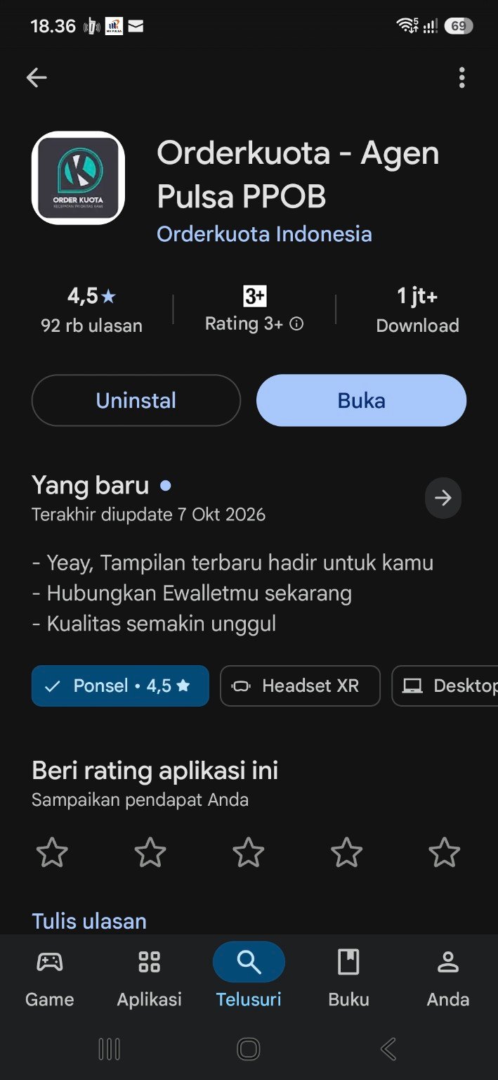 Halaman Google Play Orderkuota - Agen Pulsa PPOB menunjukkan lebih dari 1 juta download pada 7 Oktober 2026.