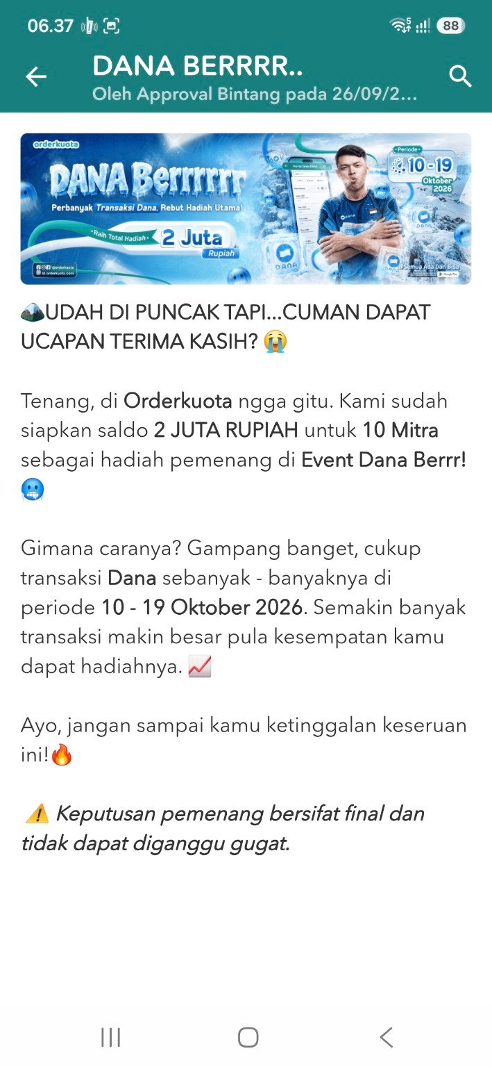 Pengumuman DANA Berrr Orderkuota, periode 10–19 Oktober 2026 dengan total hadiah saldo Rp2 juta untuk 10 mitra.