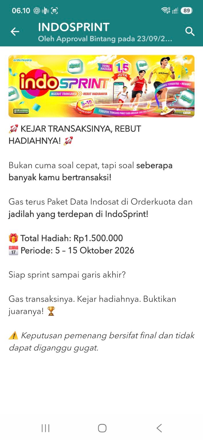 Pengumuman IndoSprint Orderkuota untuk paket data Indosat, periode 5–15 Oktober 2026 dengan total hadiah Rp1,5 juta.