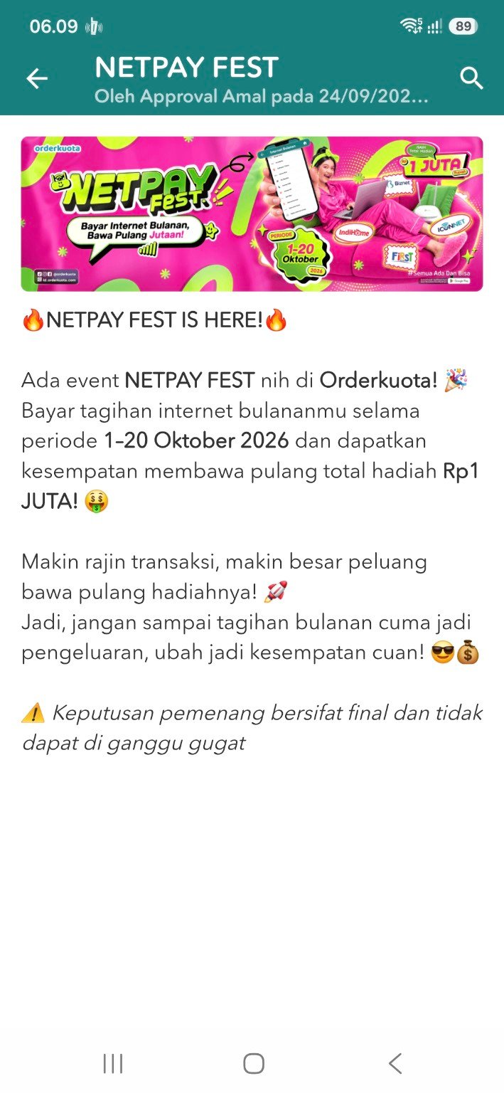 Pengumuman NETPAY FEST Orderkuota 1–20 Oktober 2026 untuk tagihan internet bulanan, total hadiah Rp1 juta.