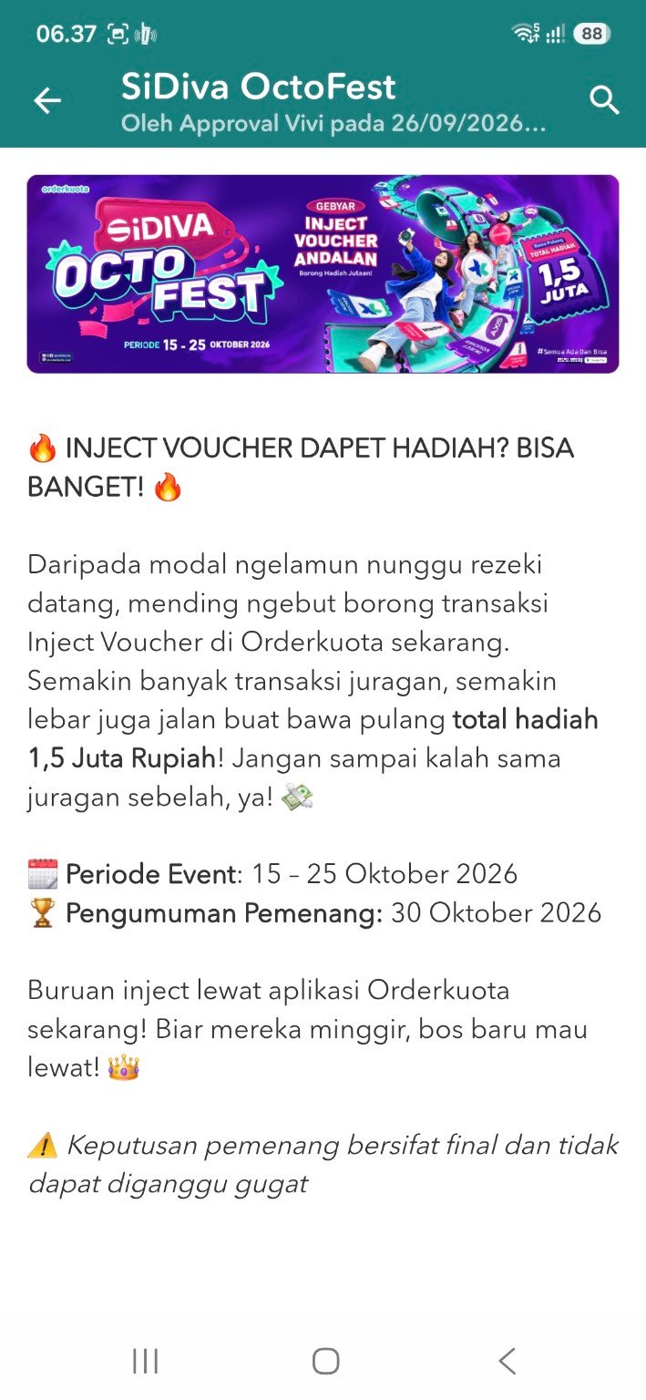 Pengumuman SiDiva OctoFest Orderkuota untuk inject voucher, periode 15–25 Oktober 2026 dan total hadiah Rp1,5 juta.