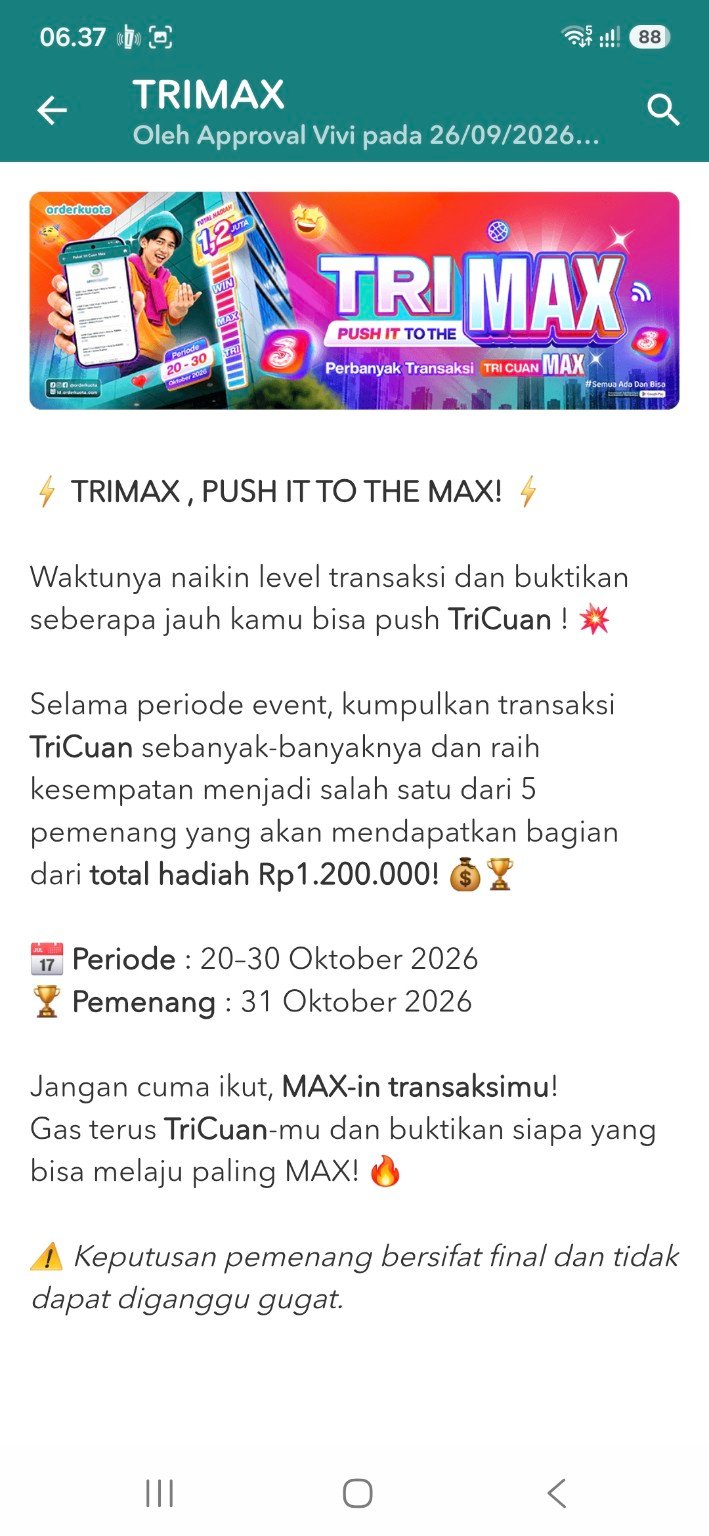 Pengumuman TRIMAX Orderkuota untuk transaksi TriCuan, periode 20–30 Oktober 2026 dengan total hadiah Rp1,2 juta untuk lima pemenang.