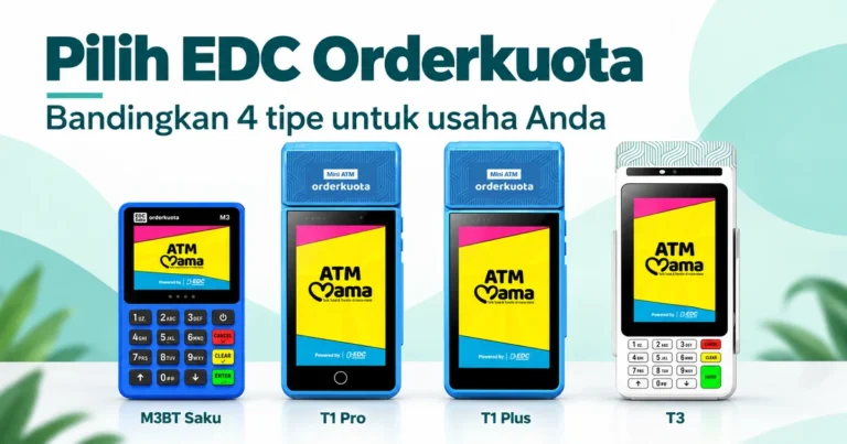 Ilustrasi empat tipe EDC Orderkuota: M3BT Saku, T1 Pro, T1 Plus, dan T3
